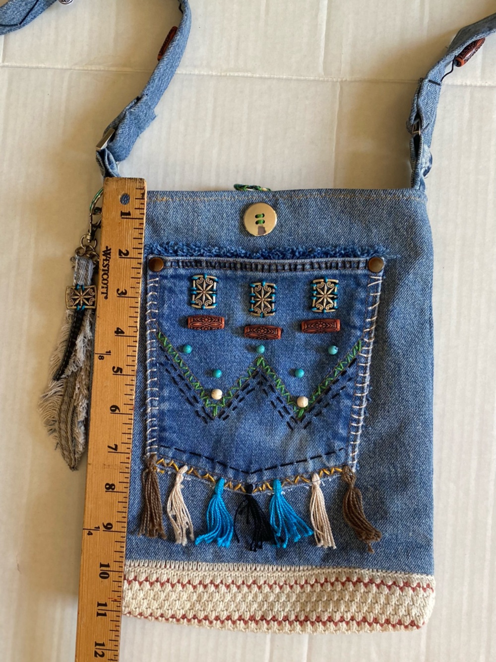 Upcycled Boho Denim Tassel Crossbody Bag with Beads and Embroidery - Picture 10 of 13